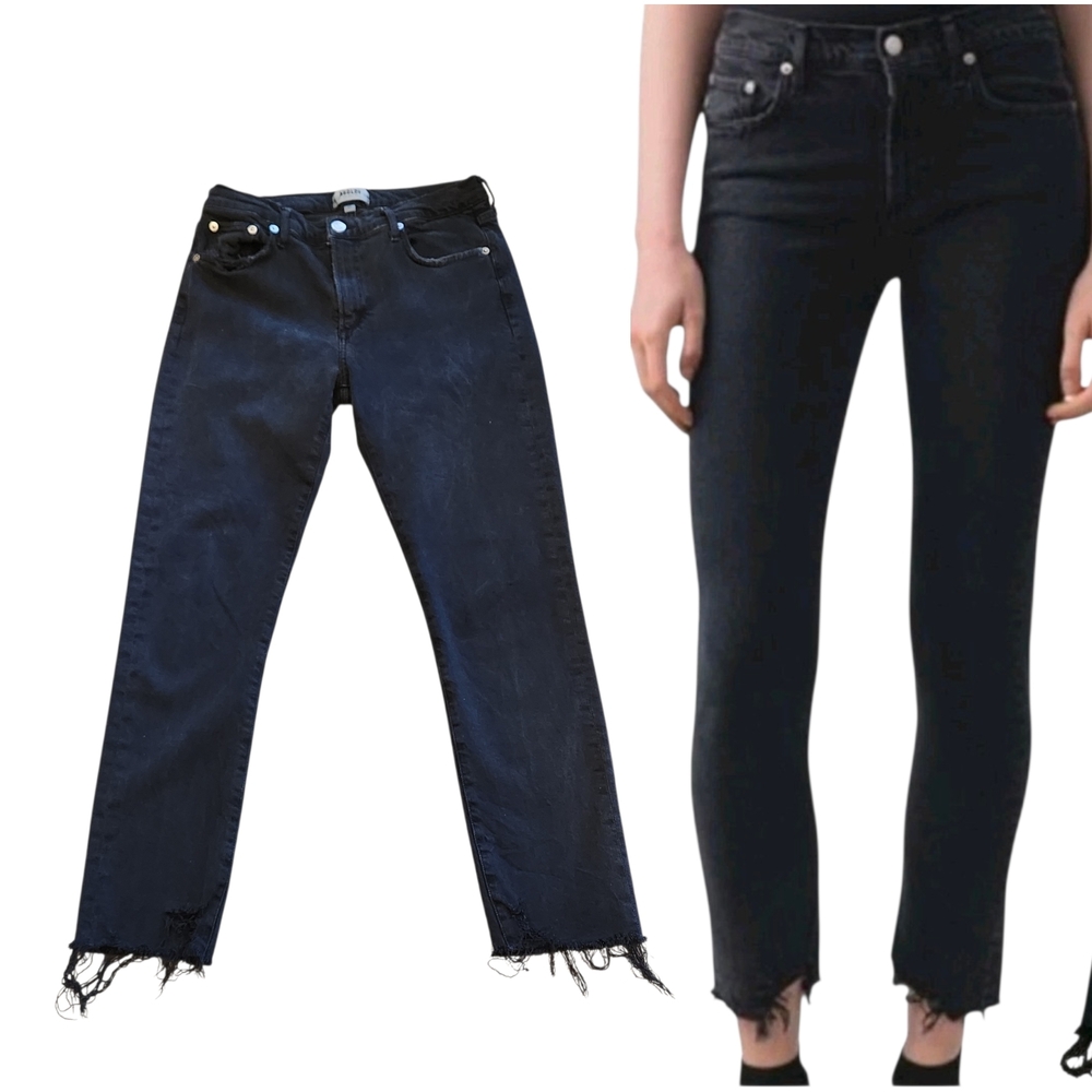 AGOLDE Women's 28 Toni Midrise Feral Black Raw Hem Straight Ankle Stretch Jeans